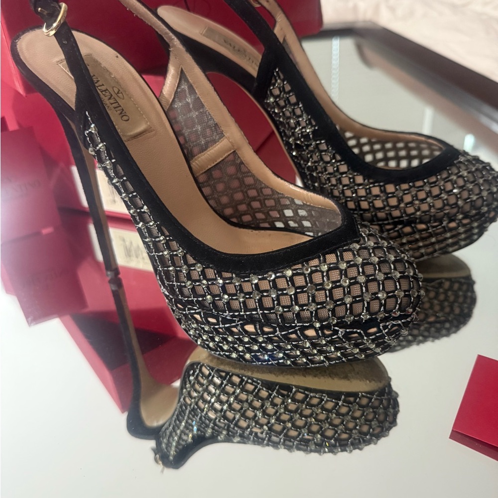 Valentino Black and Silver Mesh Slingback Heels - Picture 4 of 8